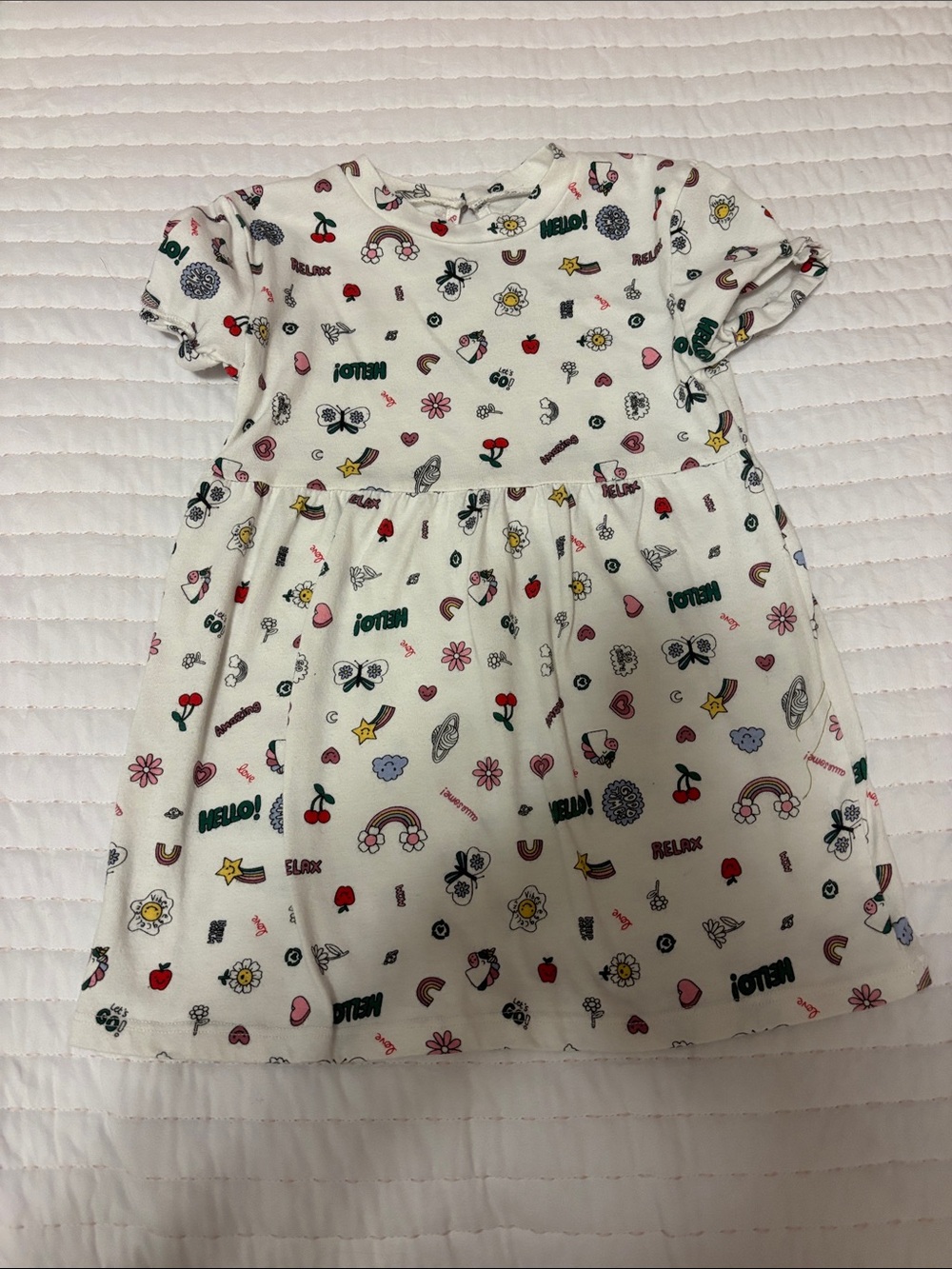okie dokie White Dress with Multicolor Cute Icons